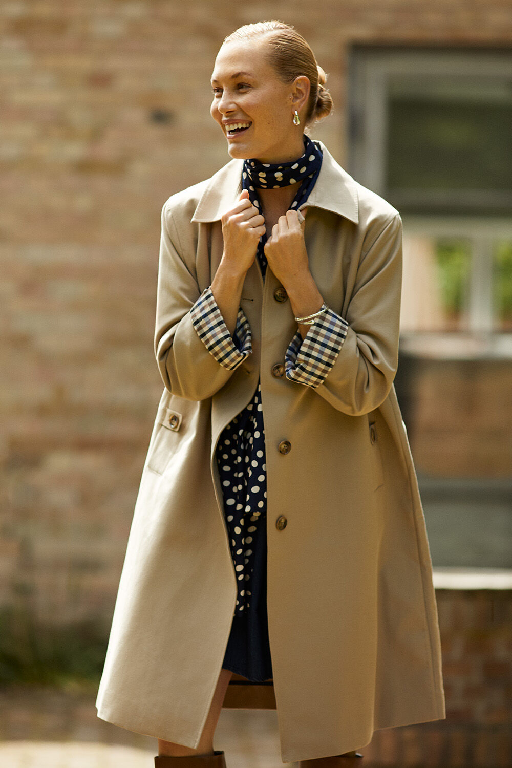 Gisobela Tunic - Dark Denim, Tolruna Coat - Petrified Oak, Along Scarf - Navy Blazer, Renitha Earring - Silver, Ryselle Bracelet - Silver
