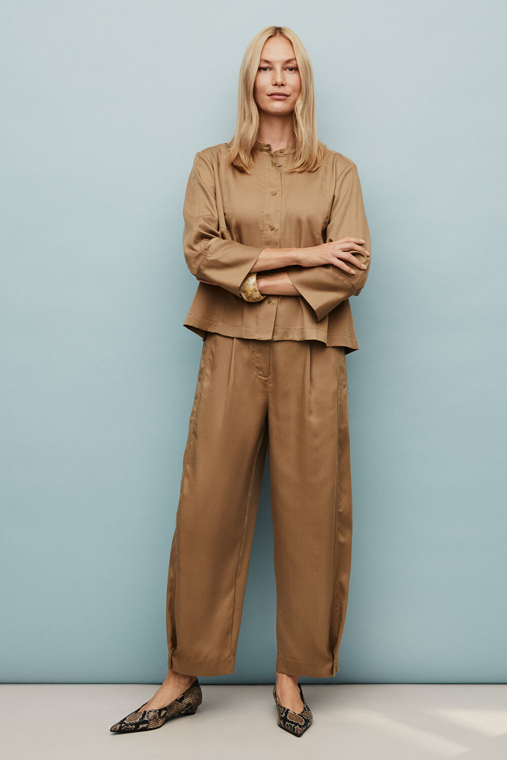 Ithoria Shirt - Petrified Oak, Punna Trousers - Petrified Oak, Rosienne Bracelet - Whitecap
